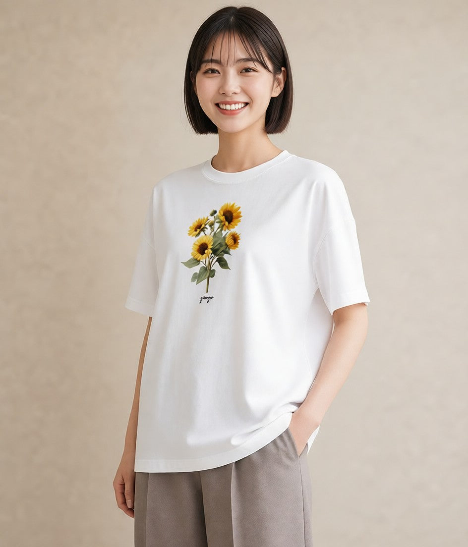 デザインTシャツ レディース ひまわり 向日葵 花 花柄 イラスト ラフカジュアル 部屋着 女性向けギフト 白T