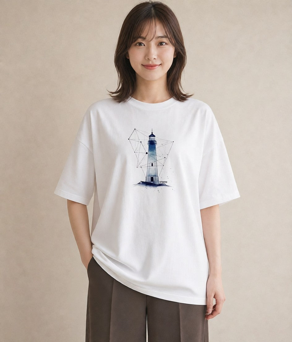 デザインTシャツ レディース 街灯 夜霧 夜 ナチュラル アンティーク イラスト ヴィンテージ風 散歩 お出かけ 白T