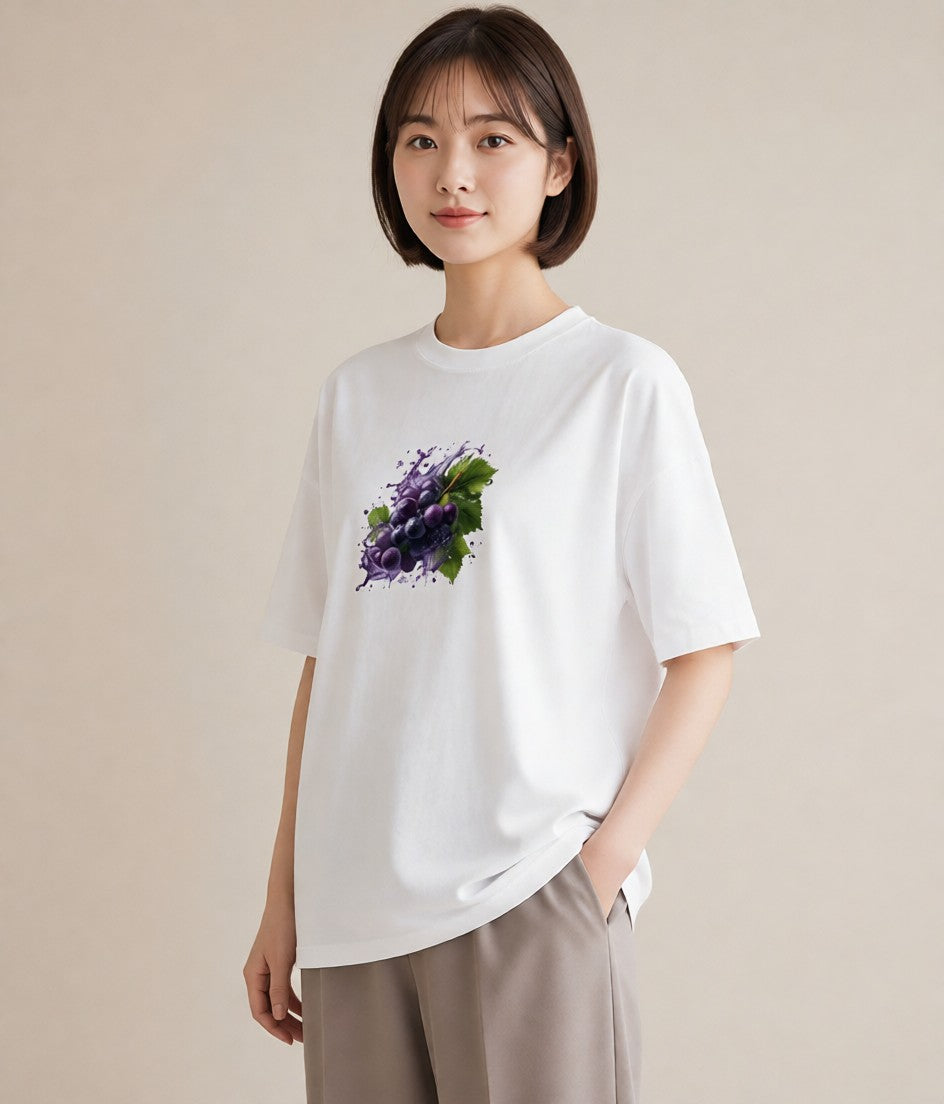 デザインTシャツ レディース ぶどう 葡萄 食べ物 フード イラスト ミニマル カフェ服 クリスマス 白T