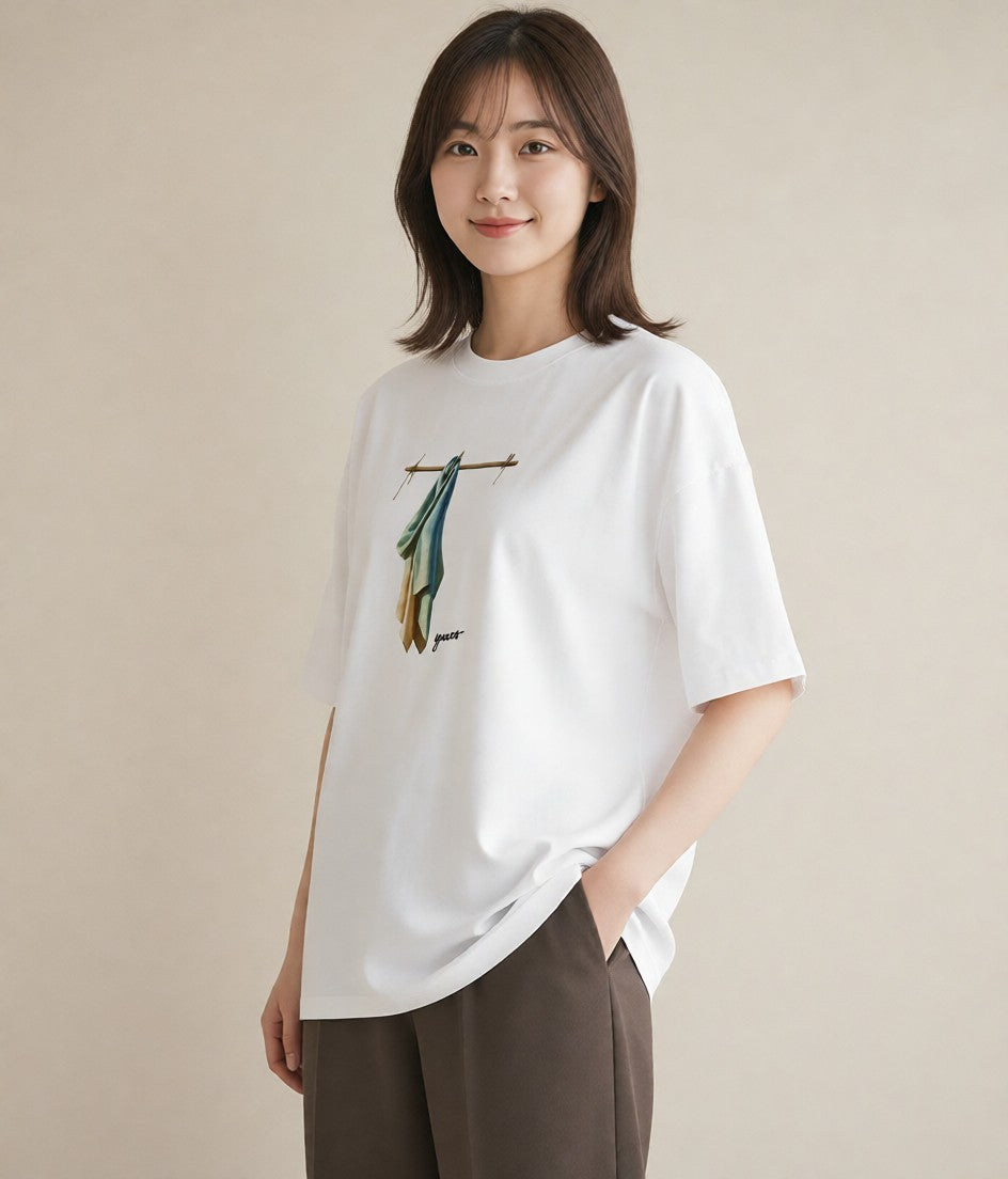 プリントTシャツ レディース 洗濯物 風 ナチュラル アンティーク イラスト ガーリー カフェ巡り 女子会 白T