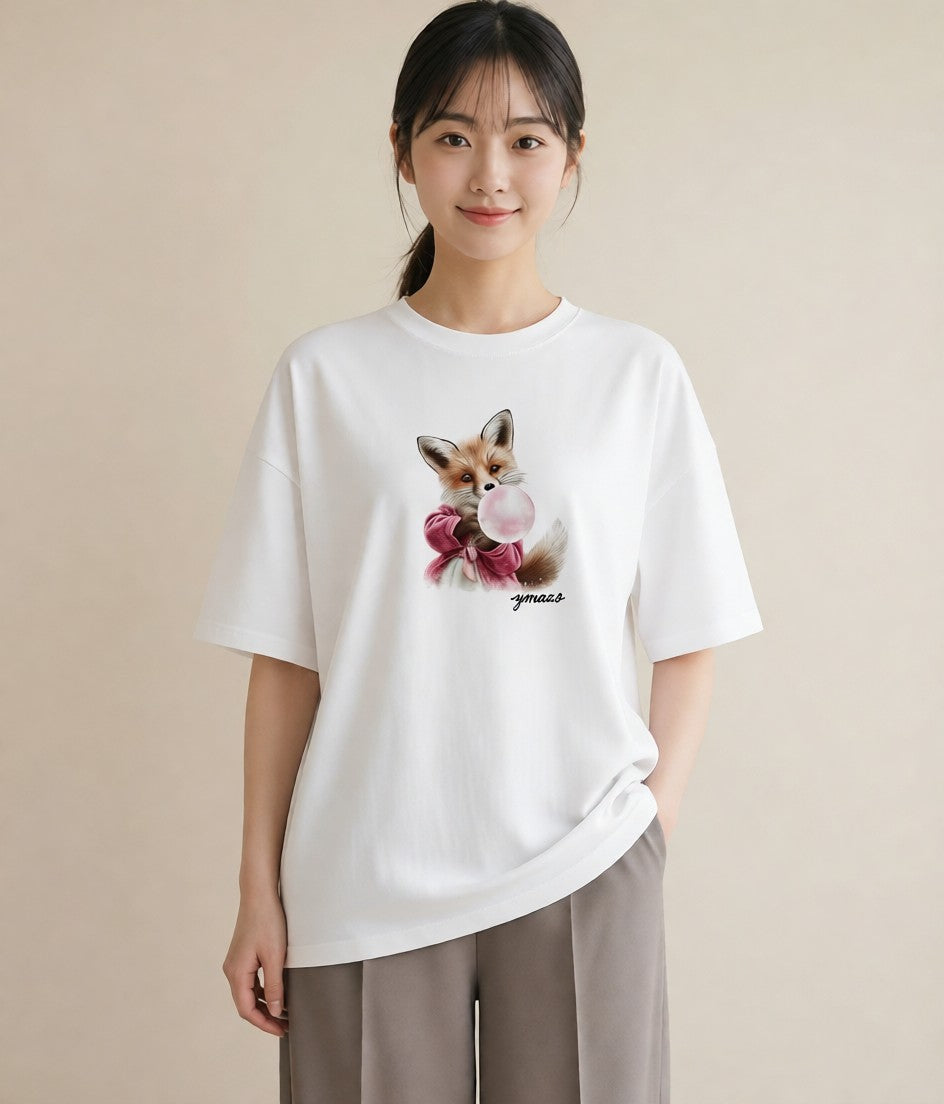 プリントTシャツ レディース きつね 動物 アニマル イラスト ユニーク お出かけ 普段着 白T