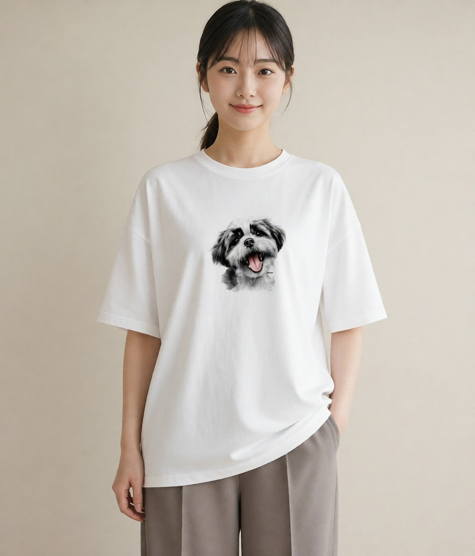 半袖Tシャツ レディース ペキニーズ 犬 いぬ イラスト ニュアンス 親子 20代 白T