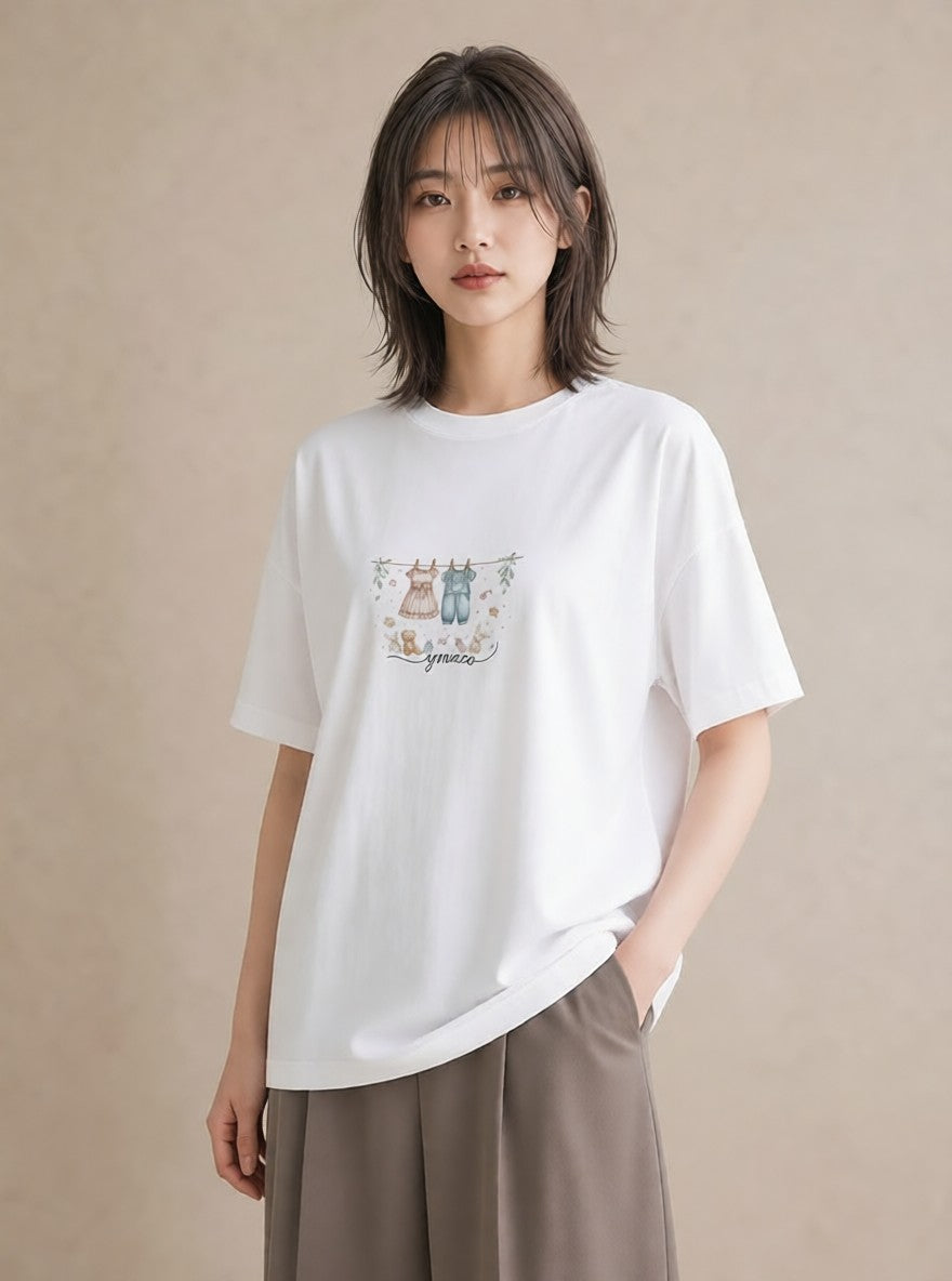 半袖Tシャツ レディース 洗濯物 風 ナチュラル アンティーク イラスト きれいめ レイヤード 友達ギフト 白T