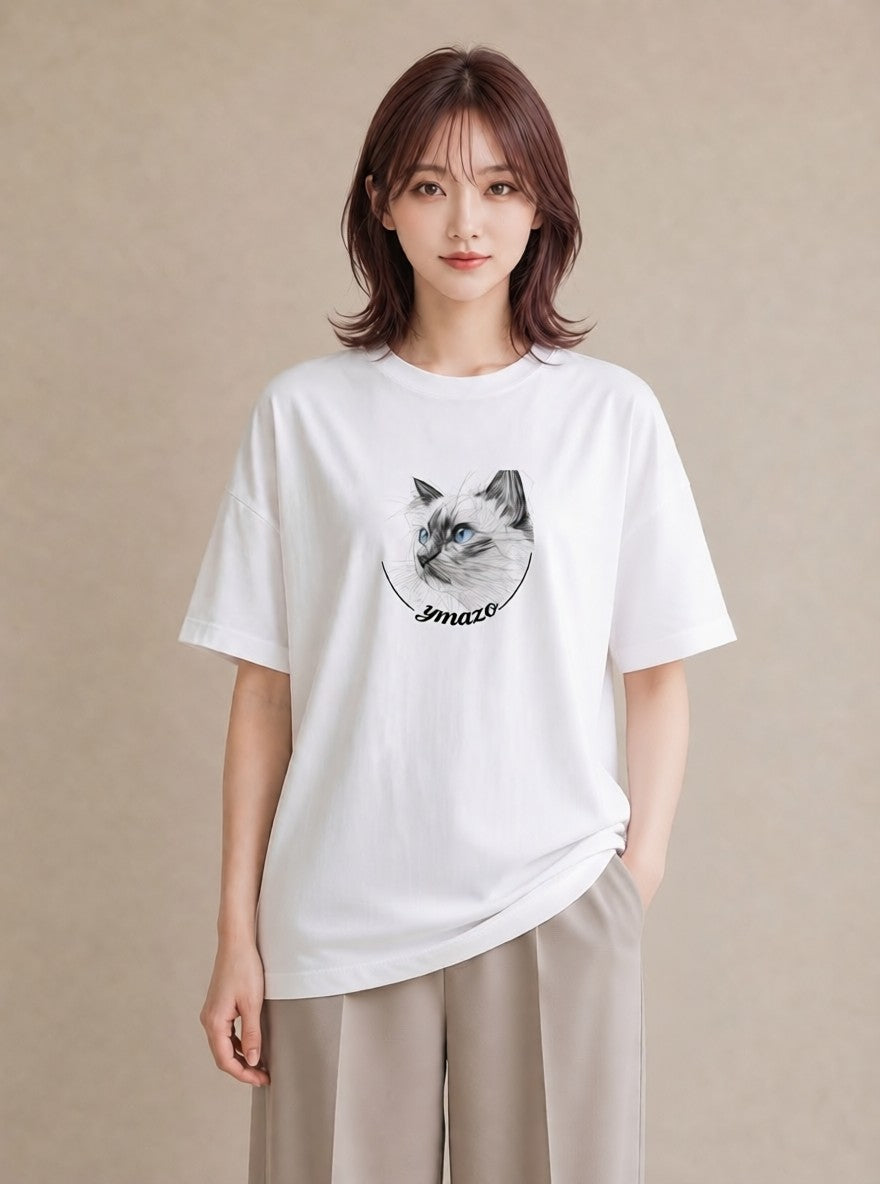 半袖Tシャツ レディース シャム柄 猫 ねこ イラスト 韓国風 通学 誕生日プレゼント 白T