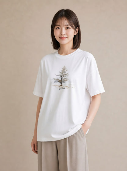 半袖Tシャツ レディース 青の水彩 風景 ブルー ナチュラル アンティーク イラスト こなれ感 週末コーデ 敬老の日 白T