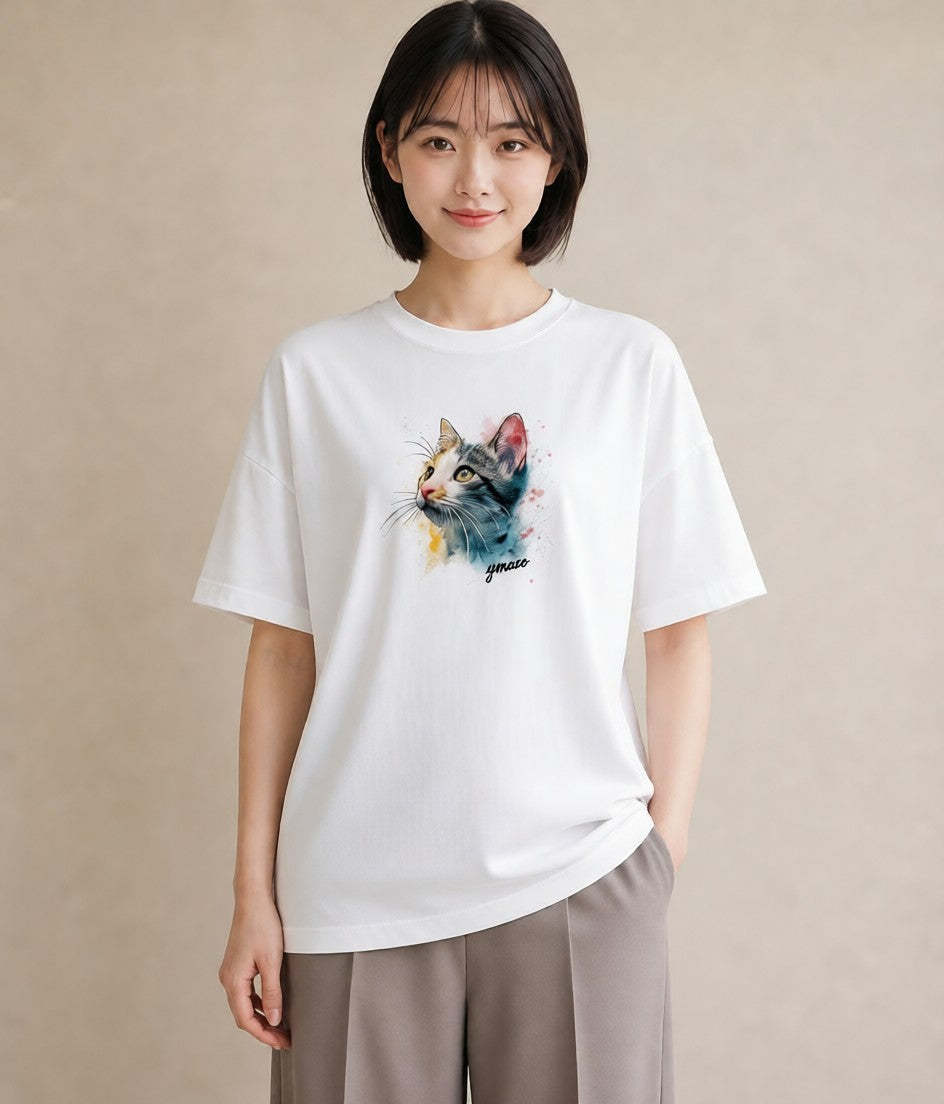 デザインTシャツ レディース アメリカンショートヘア 猫 ねこ イラスト ミセス 春コーデ 白T