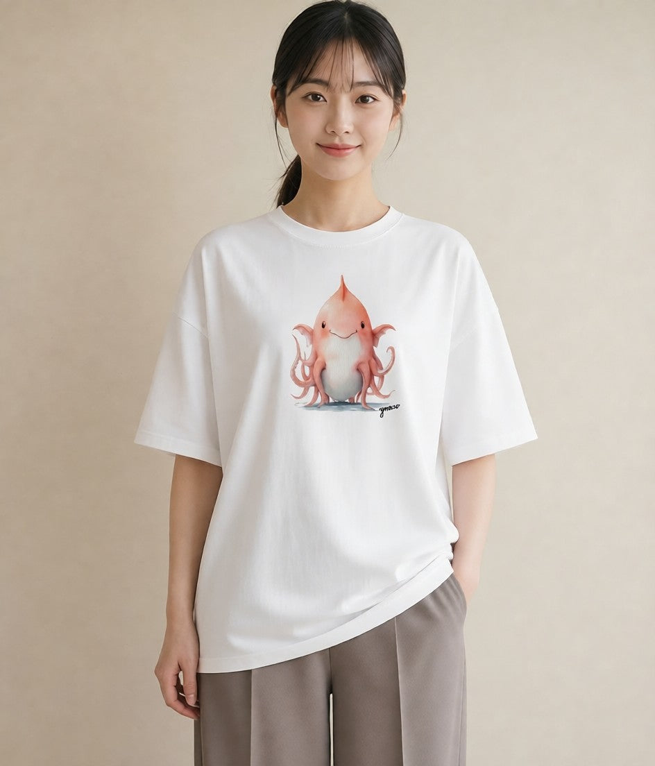 半袖Tシャツ レディース タコ 海の生き物 海 イラスト 可愛い 通勤 在宅 白T