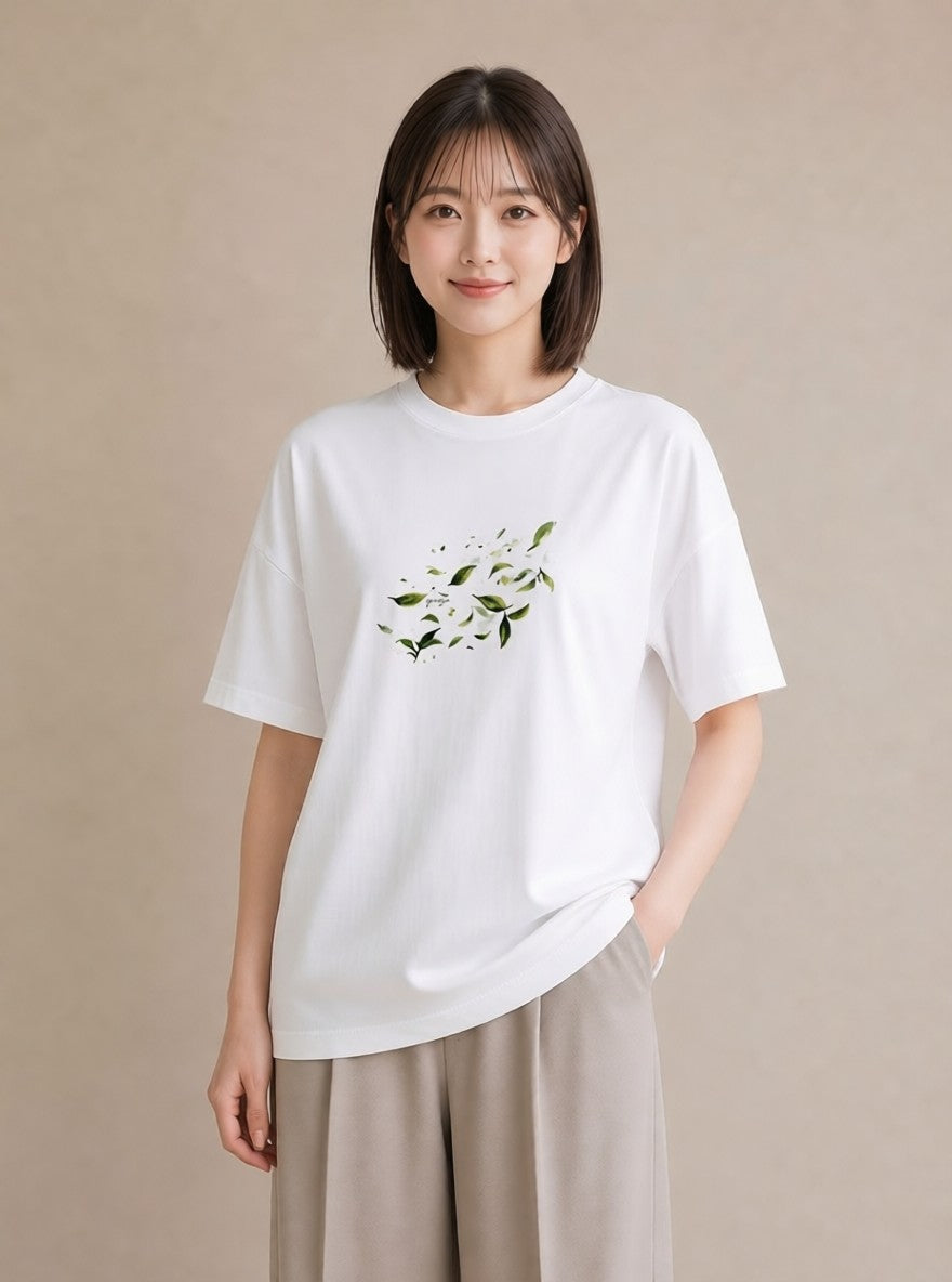 グラフィックTシャツ レディース 新緑 植物 ボタニカル イラスト アート風 普段着 週末コーデ 白T