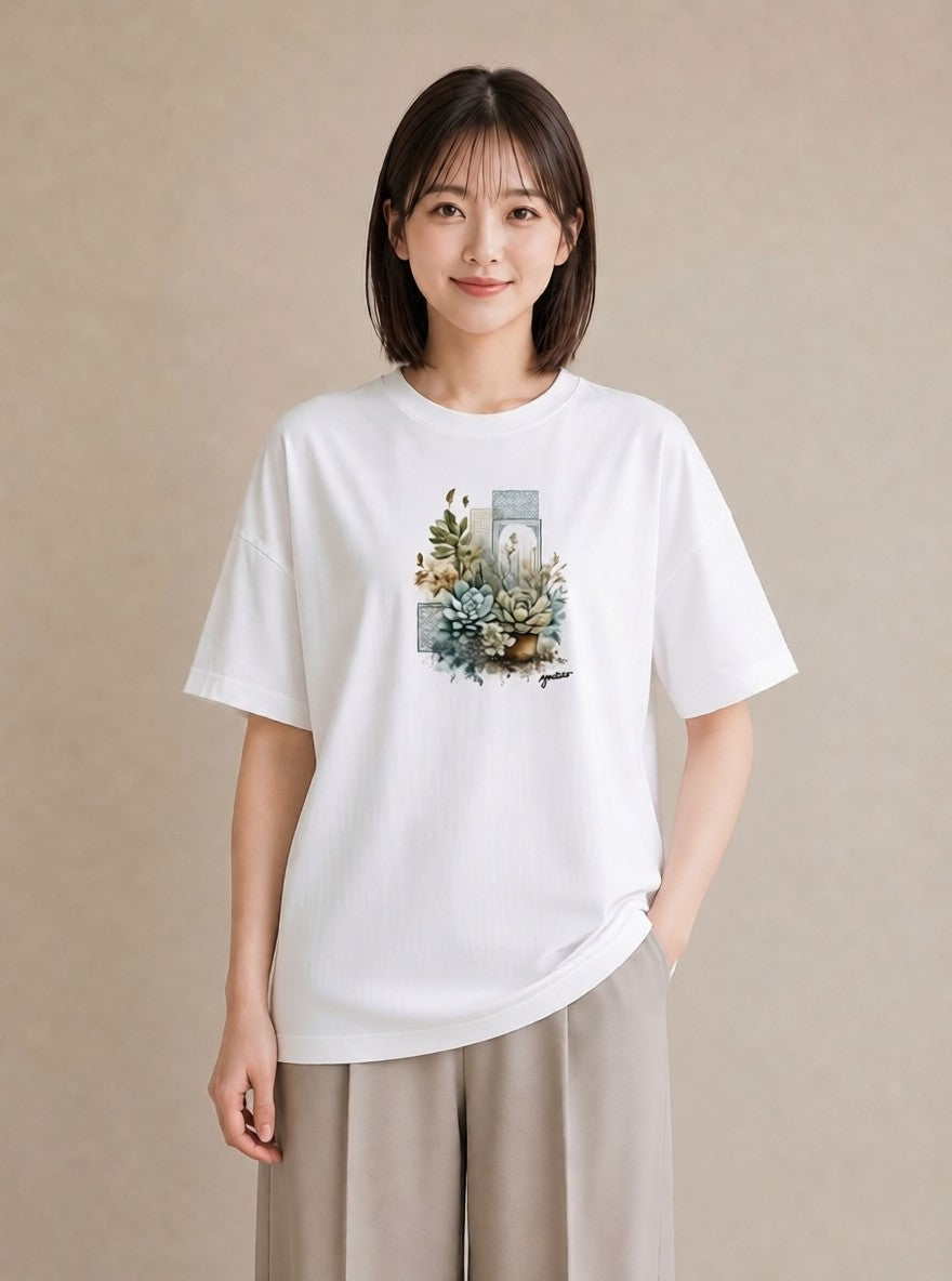グラフィックTシャツ レディース 夕暮れ バルコニー 夕焼け ナチュラル アンティーク イラスト ヴィンテージ風 ビーチ デイリーウェア 白T