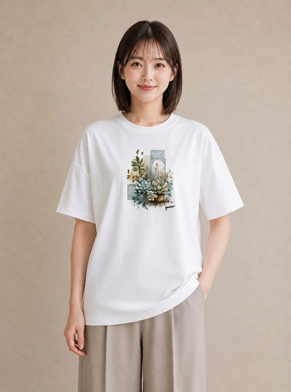 グラフィックTシャツ レディース 夕暮れ バルコニー 夕焼け ナチュラル アンティーク イラスト ヴィンテージ風 ビーチ デイリーウェア 白T