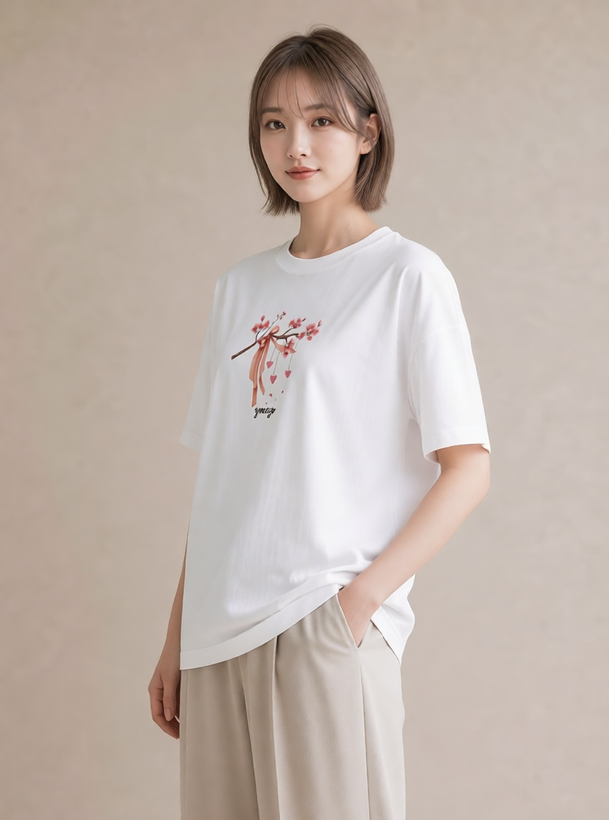 グラフィックTシャツ レディース さくら 桜 サクラ 花 花柄 イラスト きれいめカジュアル 帰省 ラフ 白T
