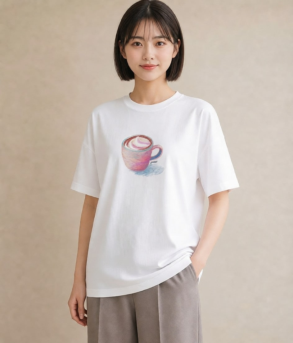グラフィックTシャツ レディース カフェラテ 食べ物 フード イラスト 普段使い 普段着 週末コーデ 白T