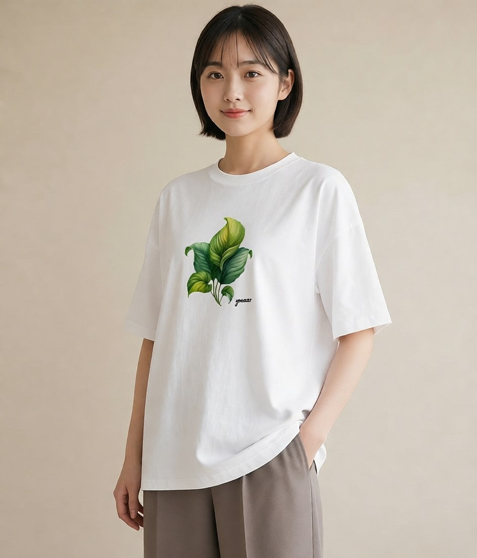 グラフィックTシャツ レディース 新緑 植物 ボタニカル イラスト ユニーク ラフ レイヤード 白T