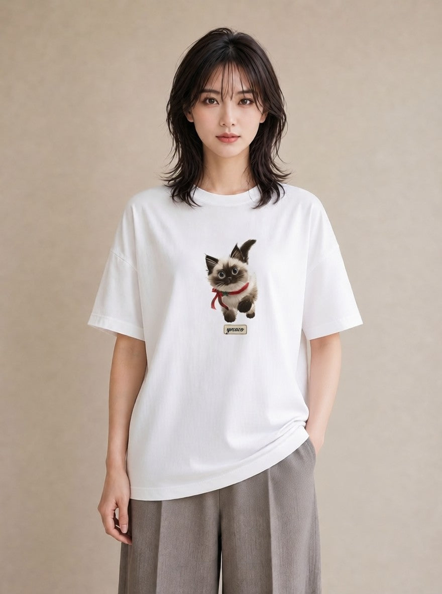 Tシャツ レディース シャム柄 猫 ねこ イラスト フェミニン 夏コーデ 通学 白T