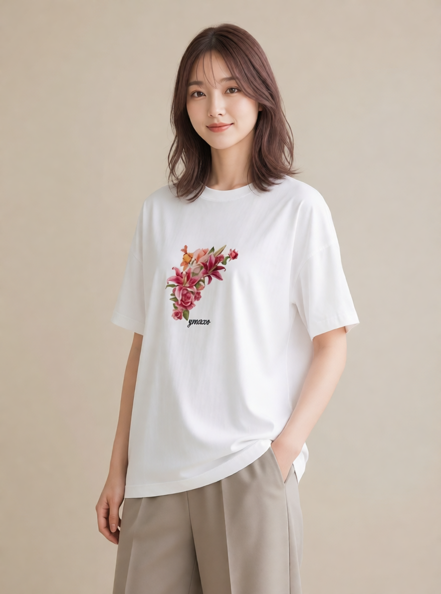 グラフィックTシャツ レディース ゆり 百合 花 花柄 イラスト カジュアル ラフ レイヤード 白T