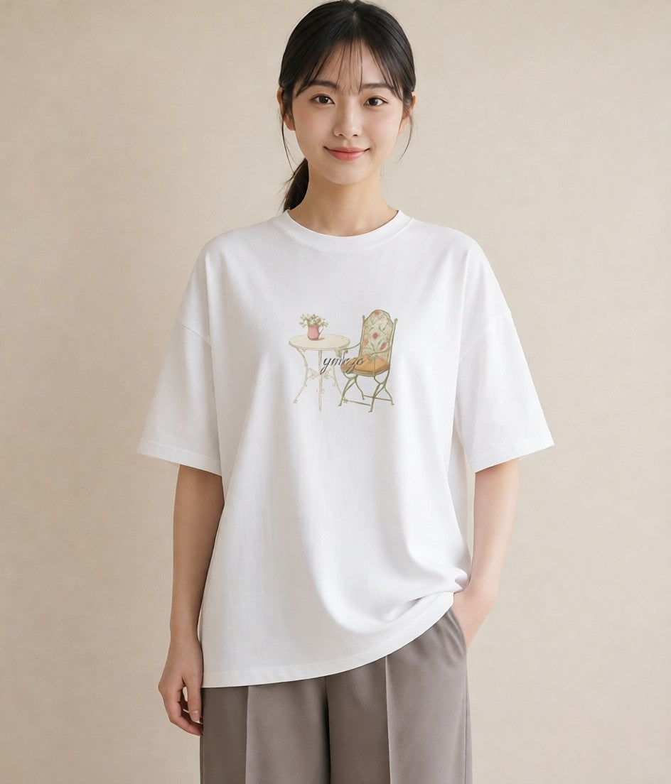 デザインTシャツ レディース 夕暮れ バルコニー 夕焼け ナチュラル アンティーク イラスト レトロ カフェ服 クリスマス 白T