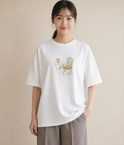 デザインTシャツ レディース 夕暮れ バルコニー 夕焼け ナチュラル アンティーク イラスト レトロ カフェ服 クリスマス 白T