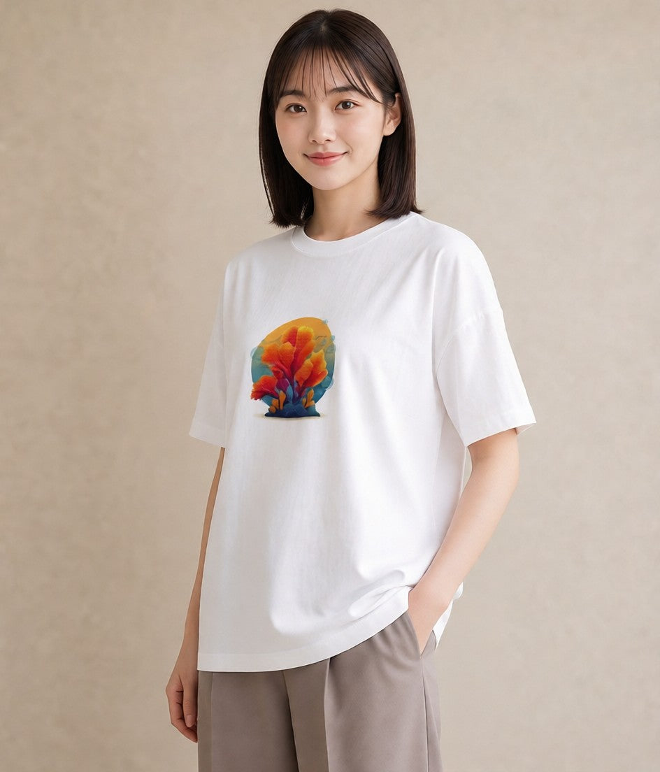 半袖Tシャツ レディース サンゴ 海の生き物 海 イラスト こなれ感 20代 カジュアルコーデ 白T