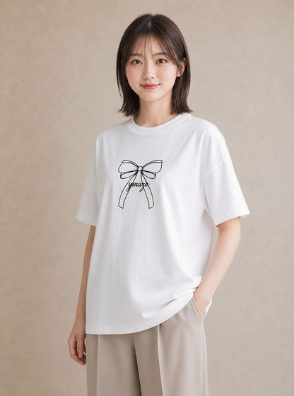 Tシャツ レディース リボン 蝶結び ナチュラル アンティーク イラスト 抜け感 部屋着 女性向けギフト 白T