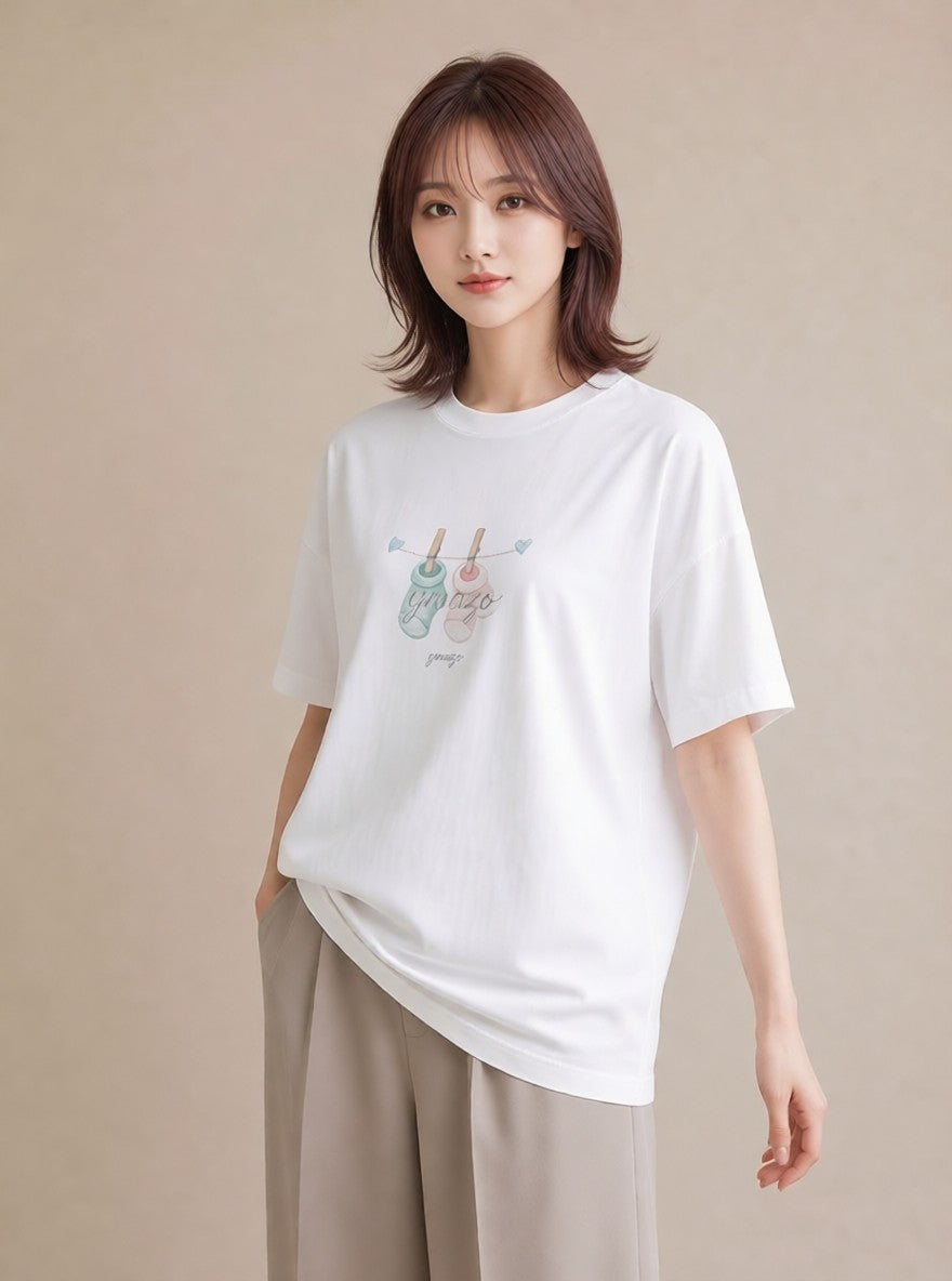 プリントTシャツ レディース 洗濯物 風 ナチュラル アンティーク イラスト シンプル ラフ レイヤード 白T