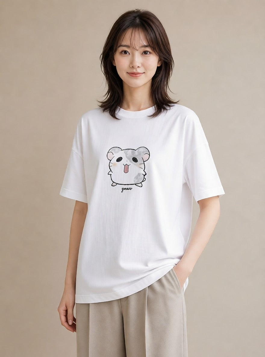 デザインTシャツ レディース チンチラ ペット 動物 イラスト 線画 レイヤード 友達ギフト 白T