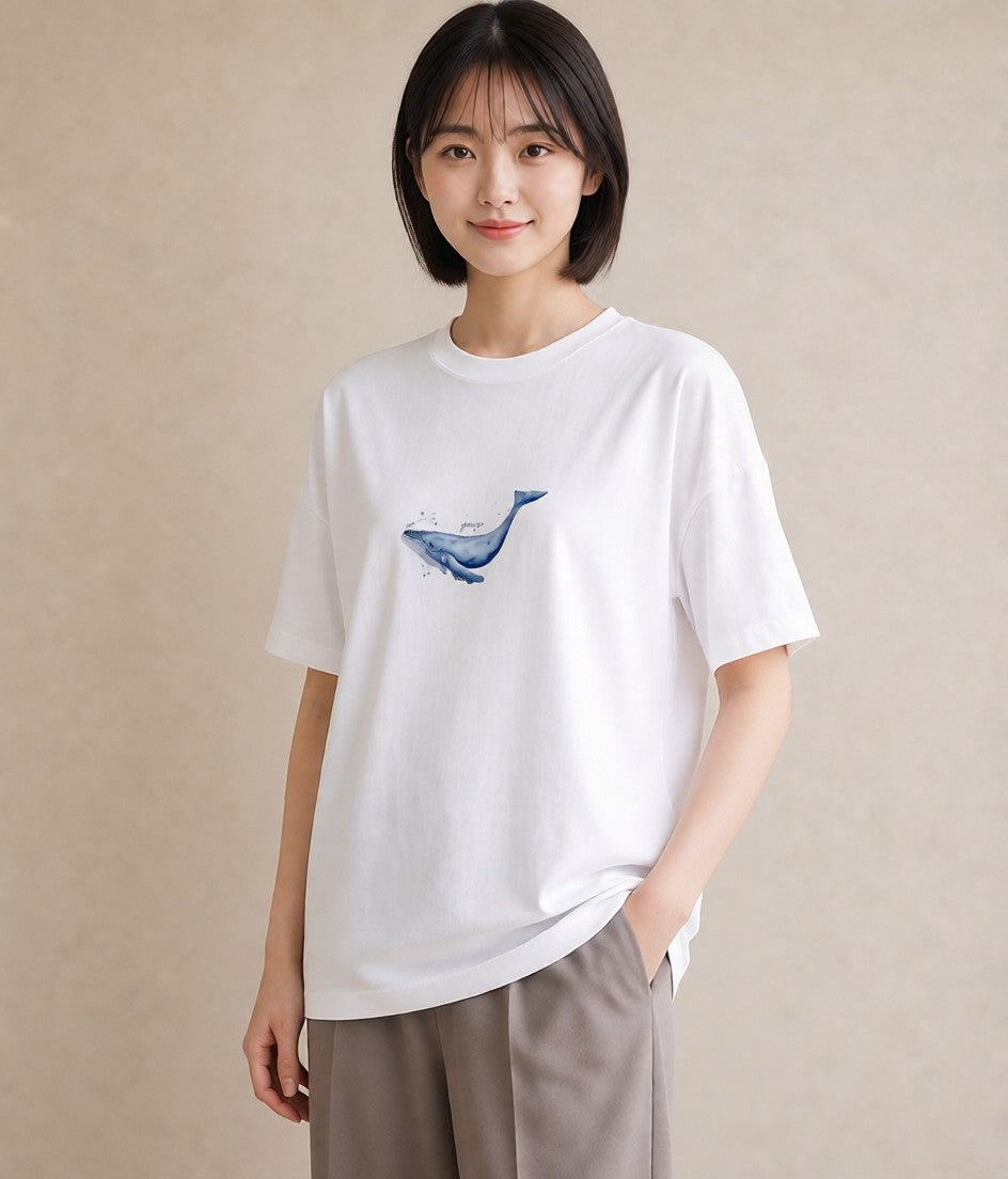 プリントTシャツ レディース クジラ 海の生き物 海 イラスト ナチュラル 休日 ペアコーデ 白T