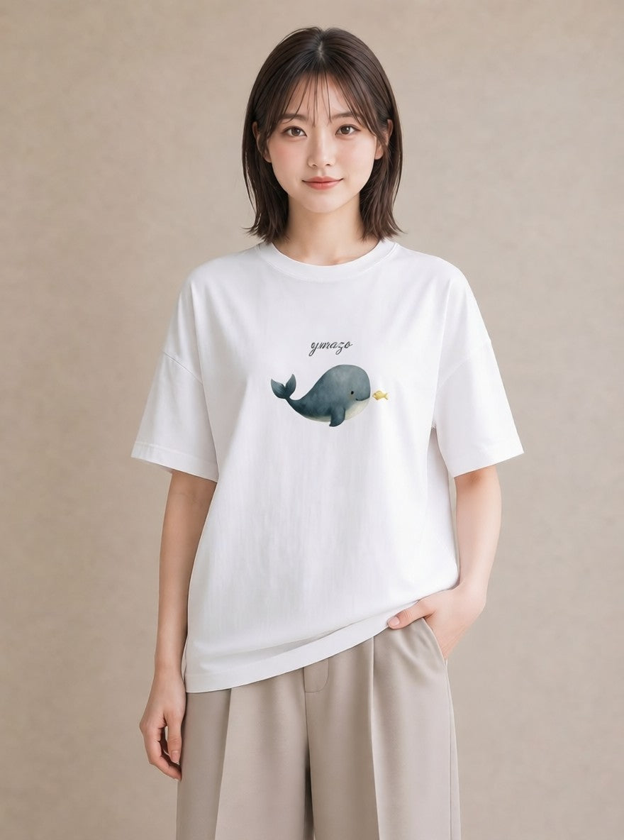 半袖Tシャツ レディース クジラ 海の生き物 海 イラスト 普段使い 20代 カジュアルコーデ 白T