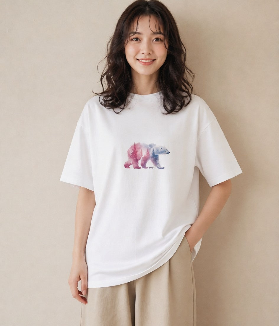 プリントTシャツ レディース オーロラ 星空 宇宙 イラスト 普段使い 散歩 お出かけ 白T