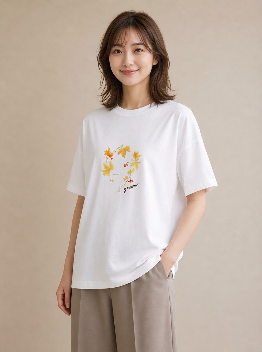 半袖Tシャツ レディース 落ち葉 植物 ボタニカル イラスト ミニマル 20代 カジュアルコーデ 白T