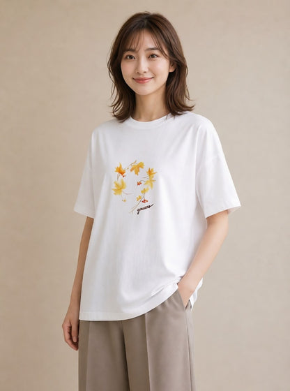 半袖Tシャツ レディース 落ち葉 植物 ボタニカル イラスト ミニマル 20代 カジュアルコーデ 白T