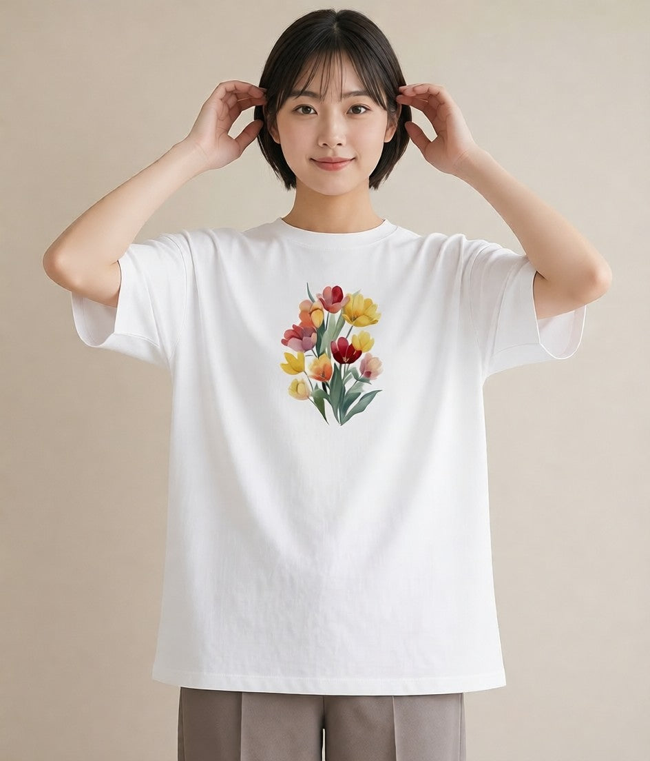 プリントTシャツ レディース チューリップ 花 花柄 イラスト 水彩風 お出かけ 普段着 白T