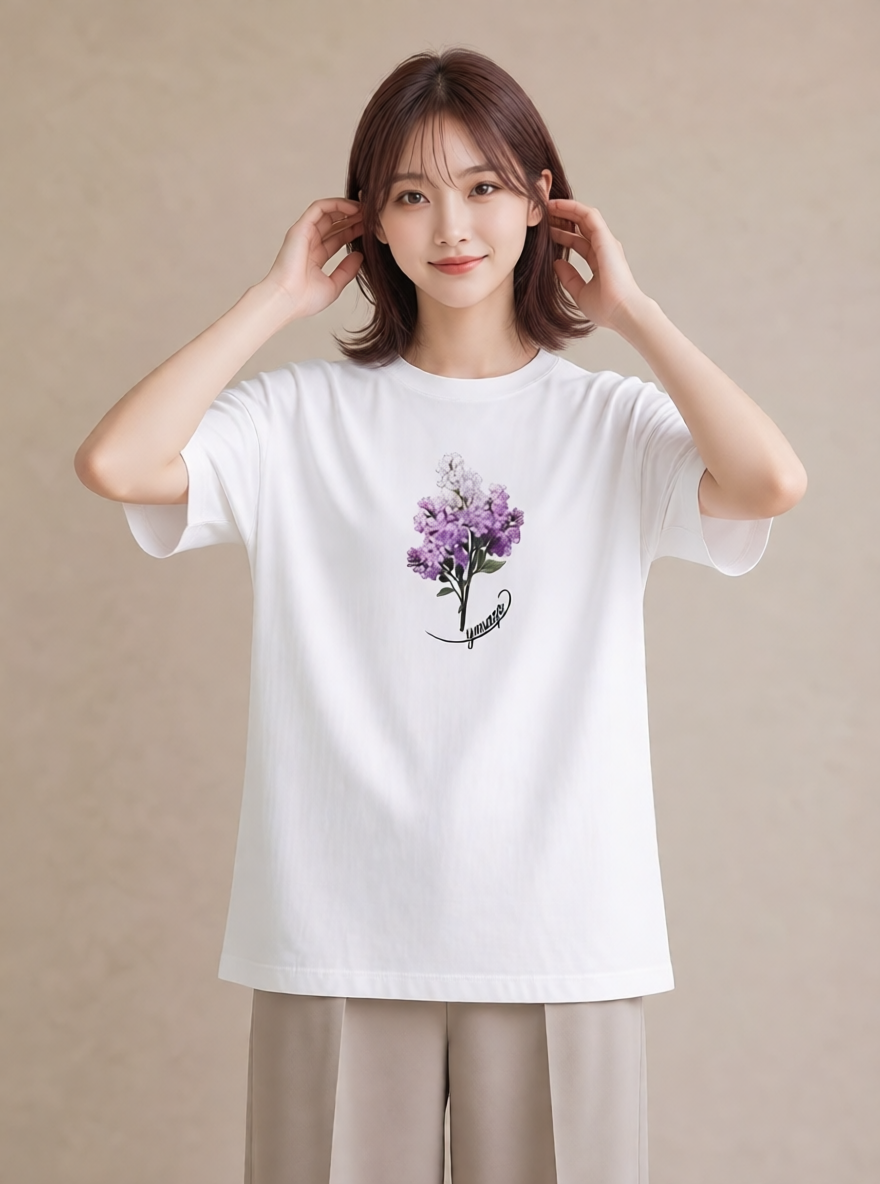 プリントTシャツ レディース ラベンダー 花 花柄 イラスト ガーリー 春服 ミセス 白T