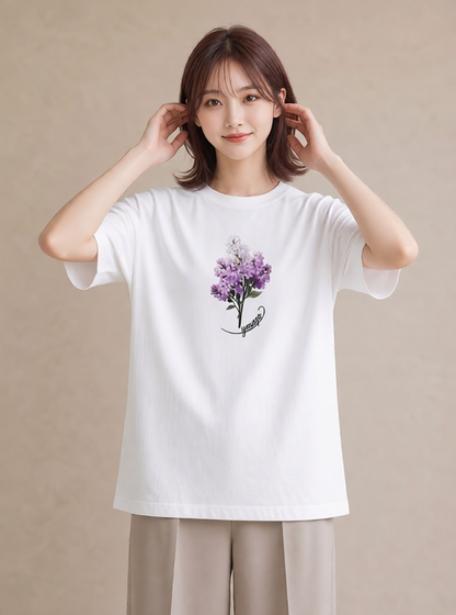 プリントTシャツ レディース ラベンダー 花 花柄 イラスト ガーリー 春服 ミセス 白T
