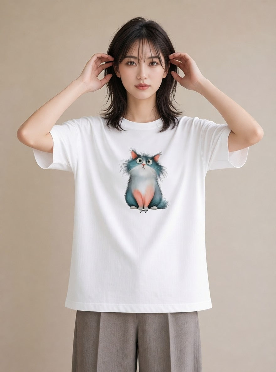 プリントTシャツ レディース 三毛猫 みけねこ 三毛 猫 ねこ イラスト 抜け感 春服 ミセス 白T