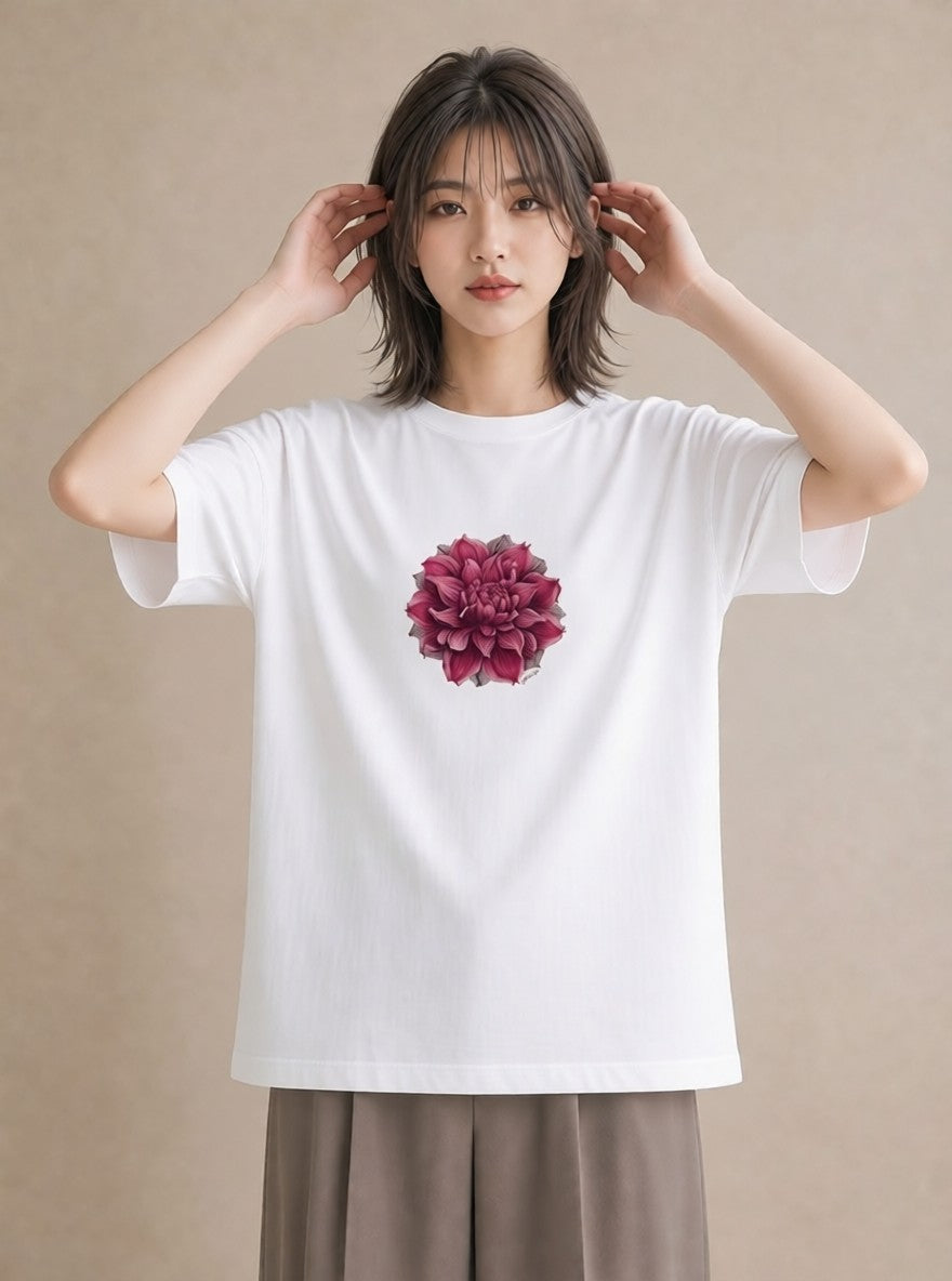 プリントTシャツ レディース 椿 花 花柄 イラスト レトロ ラフ レイヤード 白T