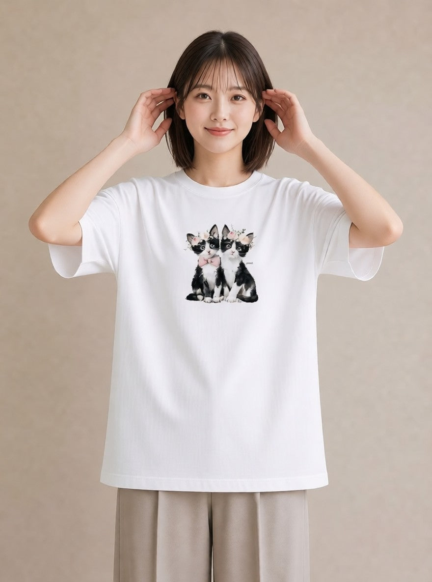 デザインTシャツ レディース ハチワレ 白黒猫 猫 ねこ イラスト カフェコーデ カフェ巡り 女子会 白T