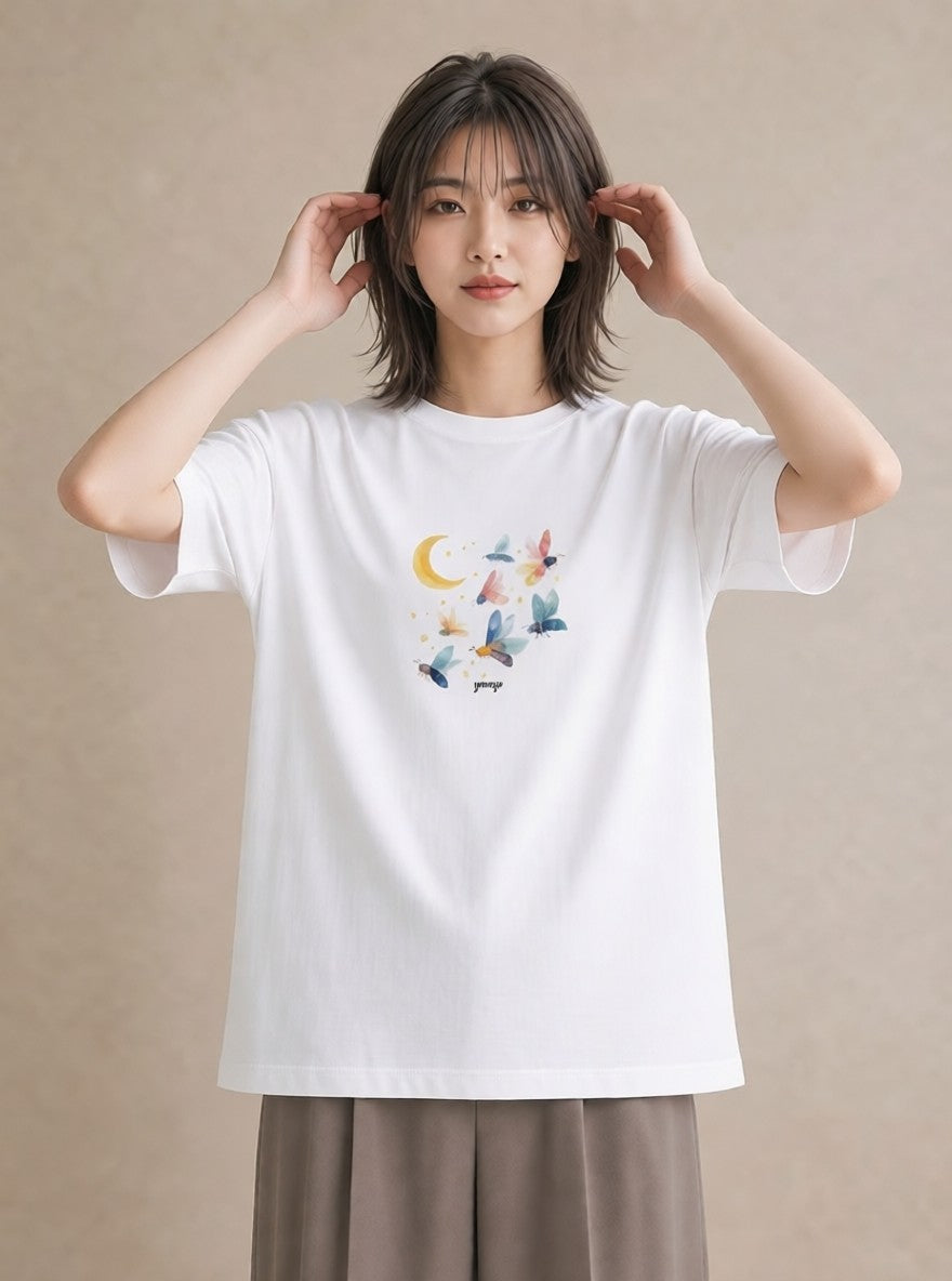 半袖Tシャツ レディース 満月 星空 宇宙 イラスト 上品 散歩 お出かけ 白T