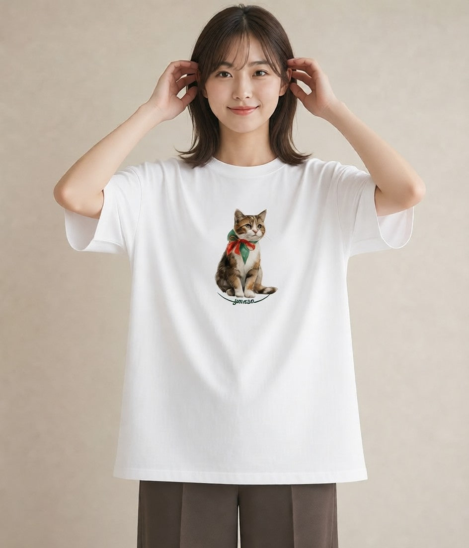 デザインTシャツ レディース サビ猫 猫 ねこ イラスト 北欧風 普段着 週末コーデ 白T