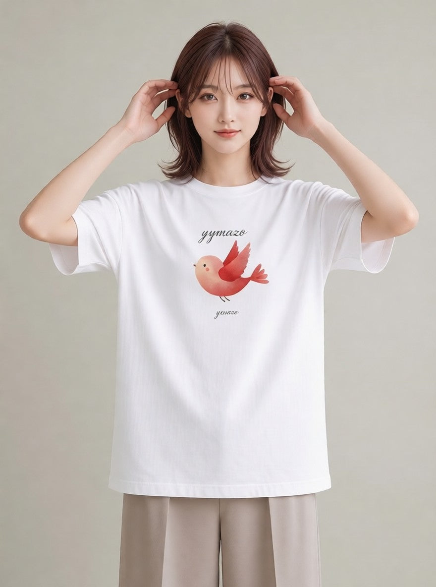 プリントTシャツ レディース 文鳥 ペット 動物 イラスト 線画 ペアコーデ 秋コーデ 白T