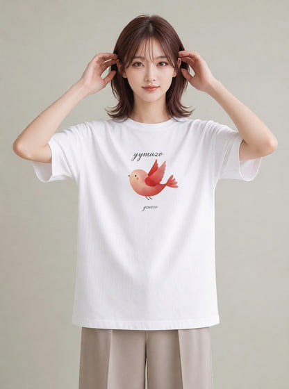 プリントTシャツ レディース 文鳥 ペット 動物 イラスト 線画 ペアコーデ 秋コーデ 白T