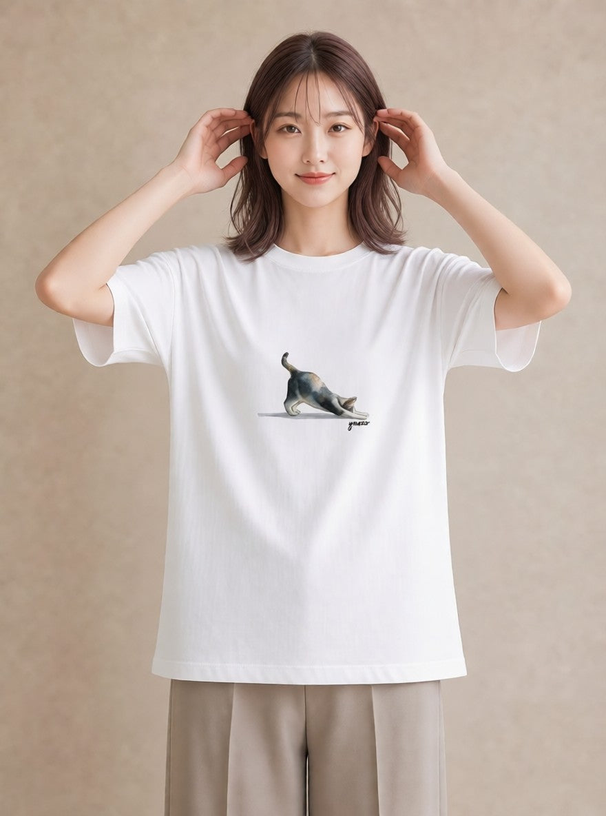 半袖Tシャツ レディース おすわり猫 猫 ねこ イラスト 淡色 送別ギフト 通勤 白T