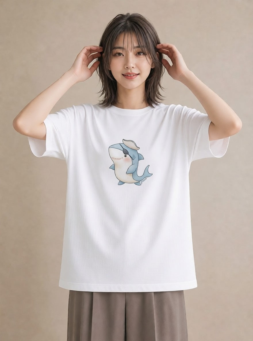 グラフィックTシャツ レディース サメ 海の生き物 海 イラスト ユニーク クリスマス 旅行 白T
