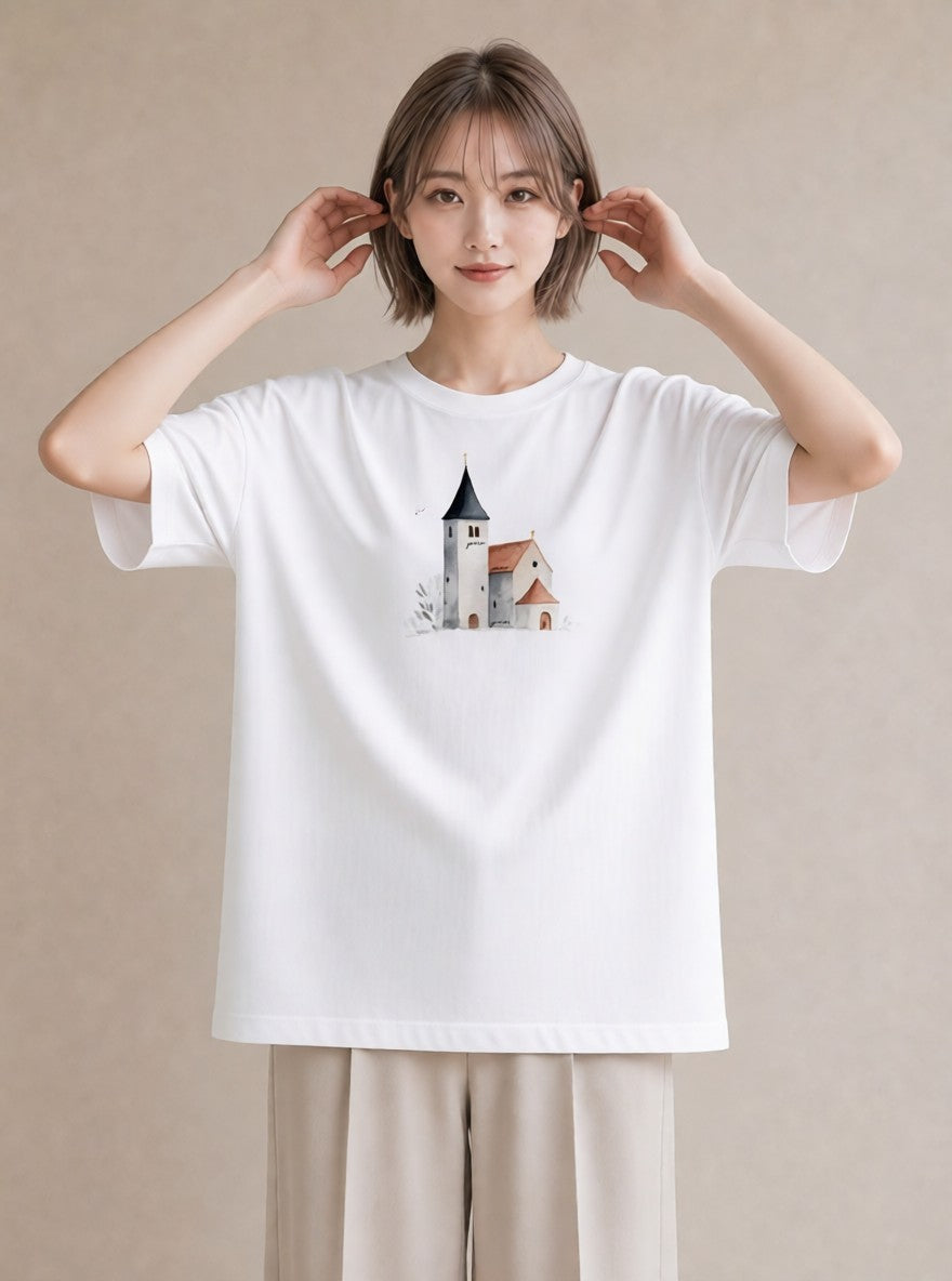 Tシャツ レディース 遠い家と鳥 風景 鳥 ナチュラル アンティーク イラスト ヴィンテージ風 公園 ママ 白T