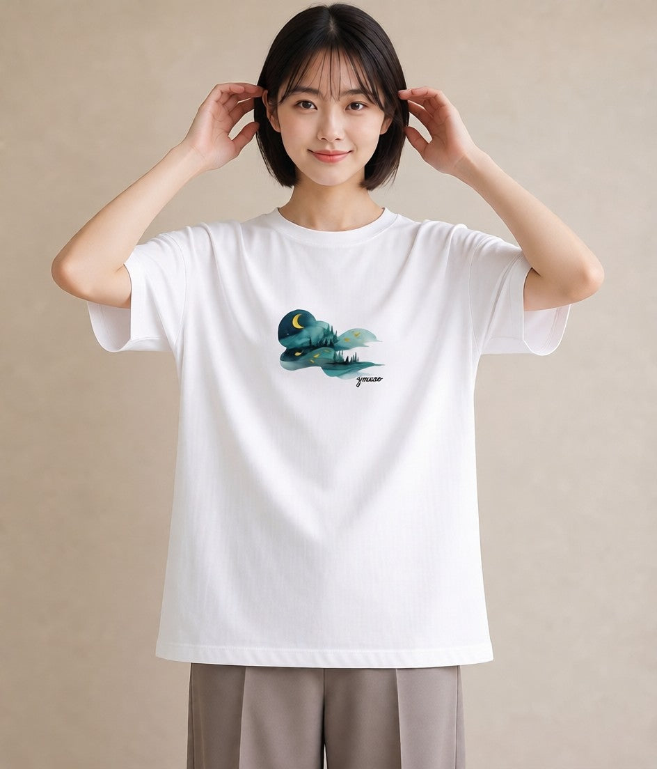 Tシャツ レディース オーロラ 星空 宇宙 イラスト 北欧風 帰省 ラフ 白T