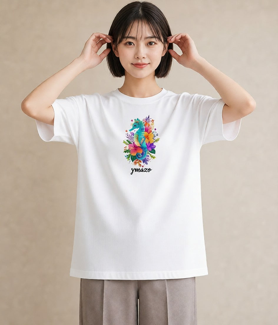 Tシャツ レディース タツノオトシゴ 海の生き物 海 イラスト 普段使い デート 帰省 白T