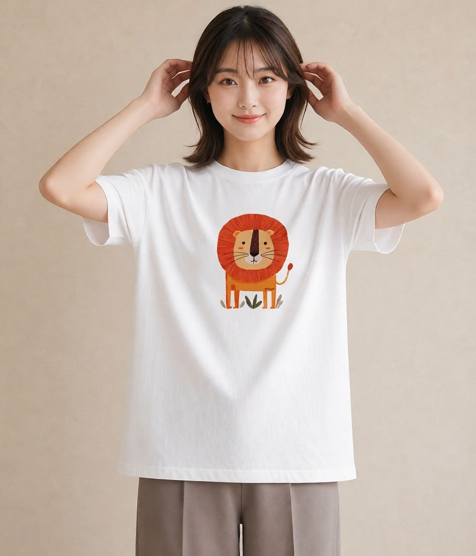 プリントTシャツ レディース ライオン 動物 アニマル イラスト 可愛い デイリーウェア 休日 白T