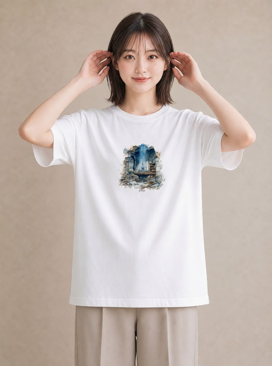 プリントTシャツ レディース 駅のホーム ローカル線 駅 ナチュラル アンティーク イラスト 韓国風 海 カフェ巡り 白T