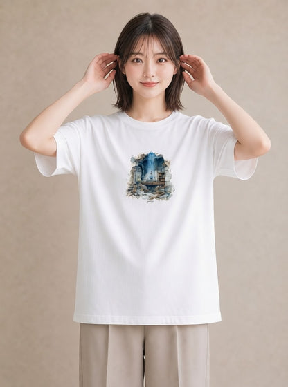 プリントTシャツ レディース 駅のホーム ローカル線 駅 ナチュラル アンティーク イラスト 韓国風 海 カフェ巡り 白T