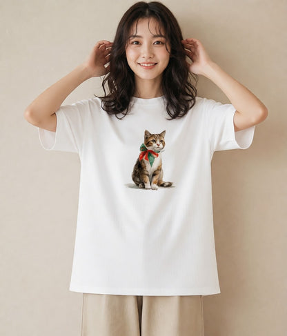 Tシャツ レディース スコティッシュフォールド 猫 ねこ イラスト ミニマル カフェ服 クリスマス 白T