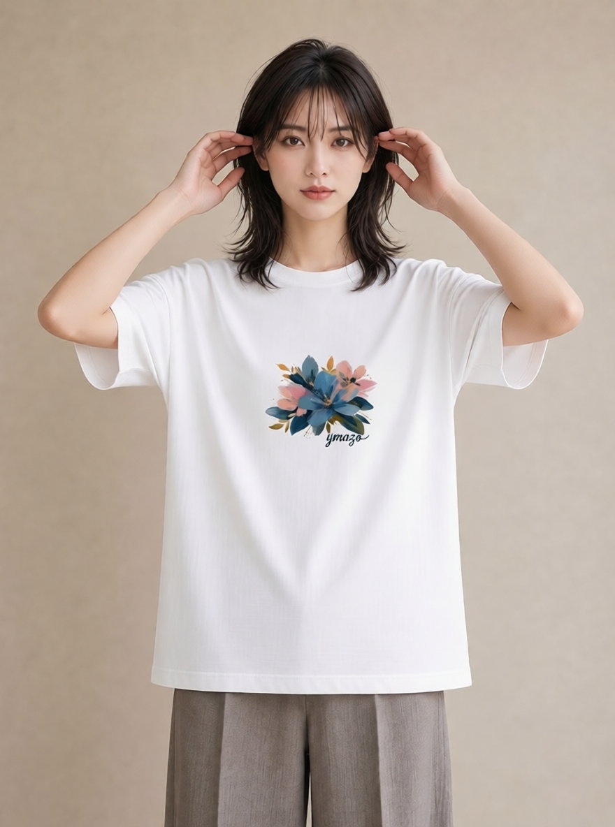 グラフィックTシャツ レディース 花 花柄 イラスト きれいめ 自分用 ルームウェア 白T